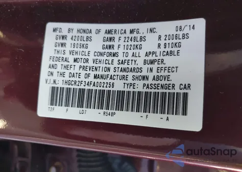 2015 Honda Accord Lx from USA, damaged, VIN 1HGCR2F34FA002256